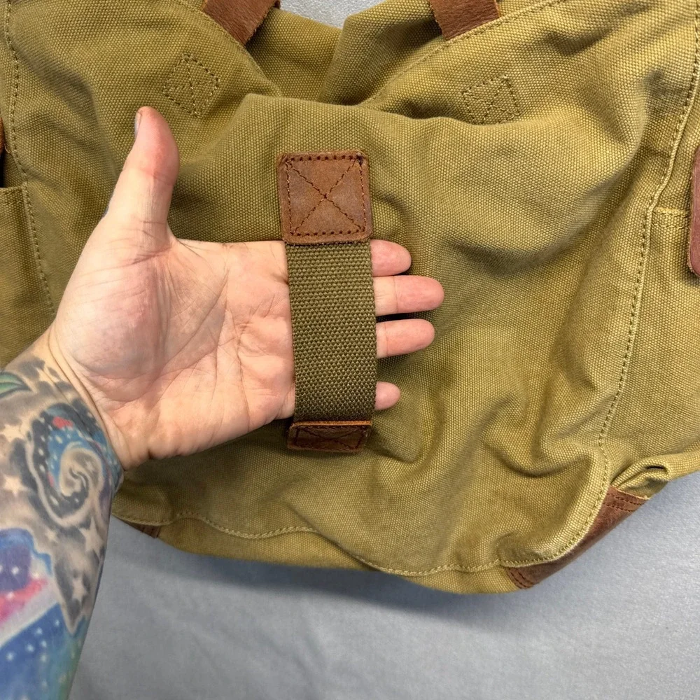 S.C. Cotton Military Messenger Bag Khaki Canvas Leather Trim Crossbody Satchel